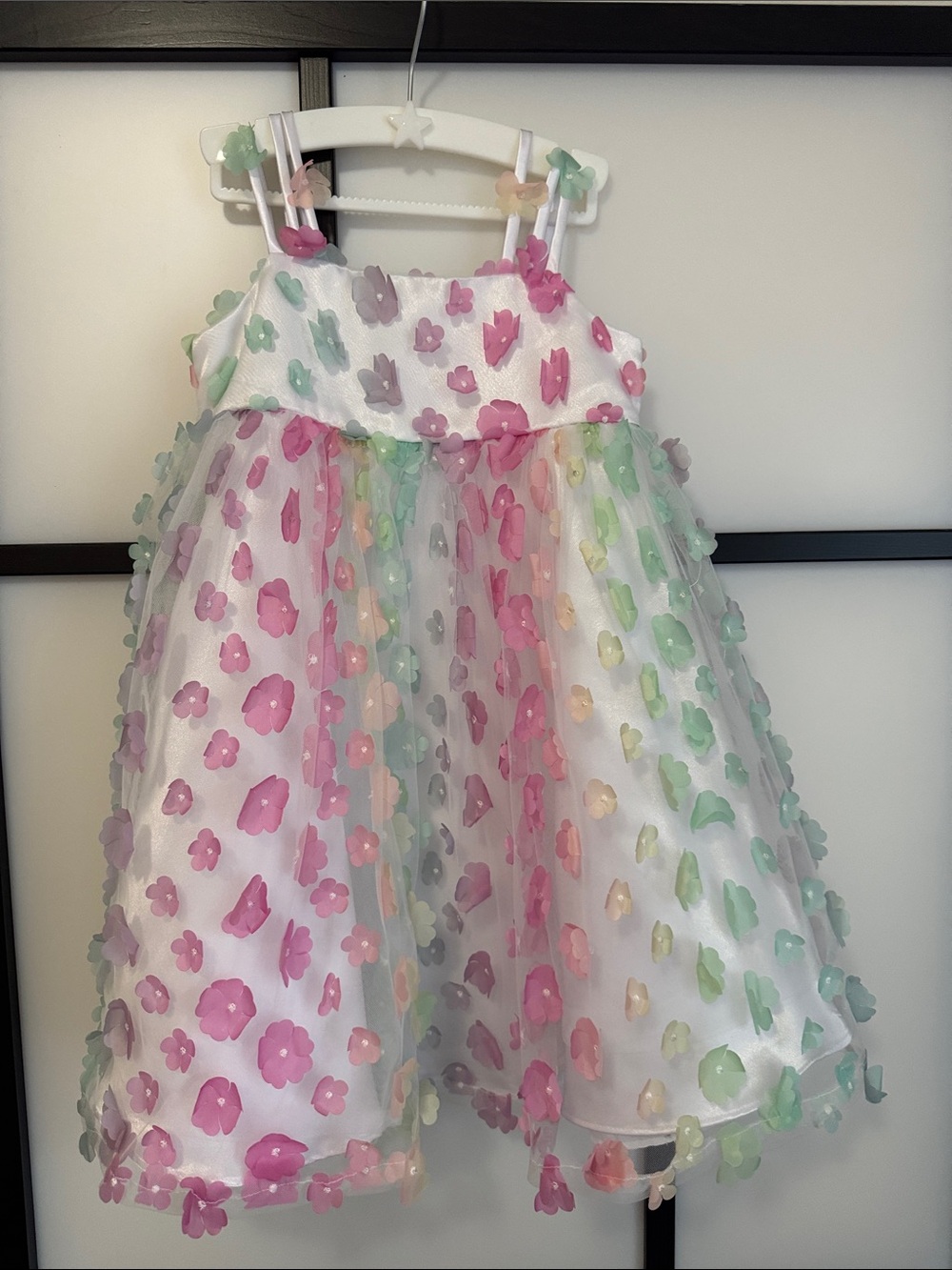 iris & ivy White Tulle Dress with Pink, Green & Purple Floral Appliqués